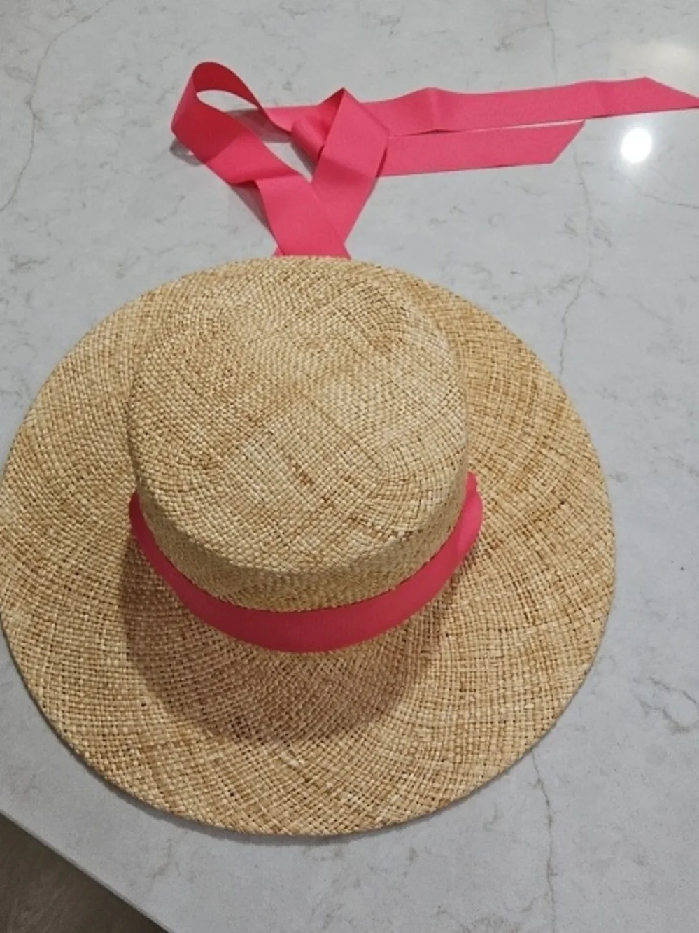 Wide-Brim Straw Sun Hat with Pink Ribbon - Picture 1 of 3